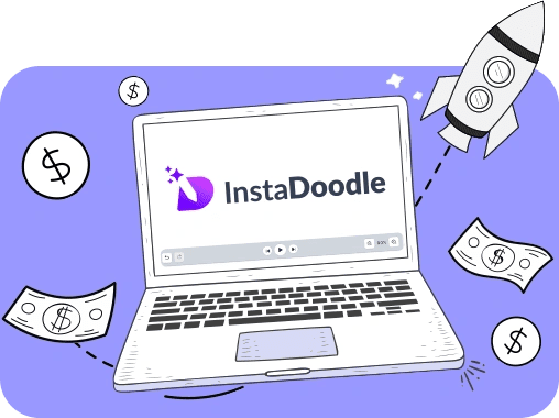 an image of a doodled laptop computer on a purple background with the word instadoodle doodles on the computer screen the computer is surrounded by doodled images of money and a rocket ship